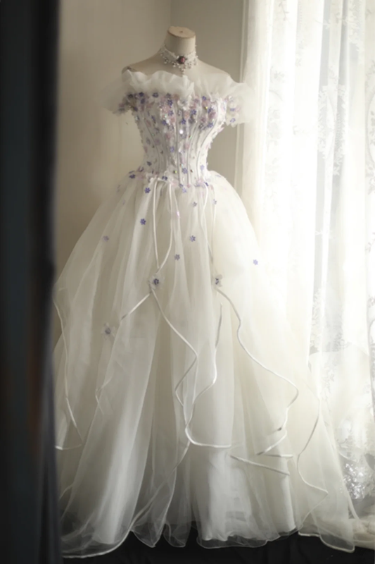 White off-the-shoulder floral design, fitted waist, full skirt, long ball gown, bridal dress R6843