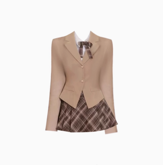 Retro college style suit white shirt 2025 pure plaid pleated skirt suit R1378