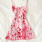 Pink printed suspenders waist slim fit floral short dress homecoming dress R2633