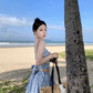 Travel wear women's beach dress backless blue and white plaid skirt a-line suit R1567