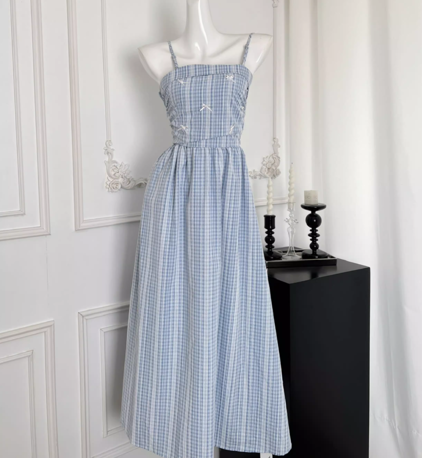 Blue plaid lace slim and high-end detachable suspender tube top long skirt R1984