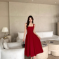Red square neck suspender dress niche high-end a-line long dress certificate dress R1478