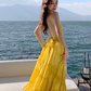 Beach holiday dress hides flesh and makes you look thin. Yellow backless French long skirt R0181