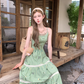 Green long round neck sleeveless suspender dress women's summer French temperament skirt R4742