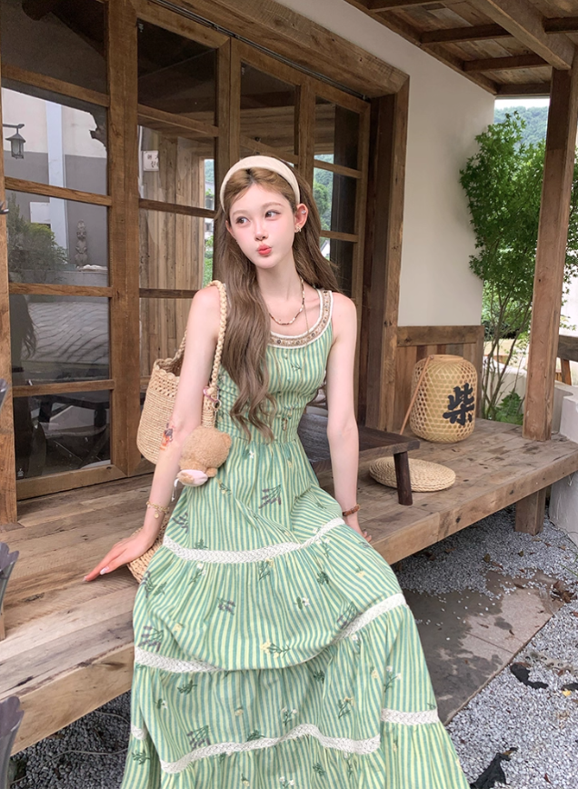 Green long round neck sleeveless suspender dress women's summer French temperament skirt R4742