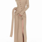 Design beige long-sleeved dress 2025 high slit strap slim hip skirt R1027