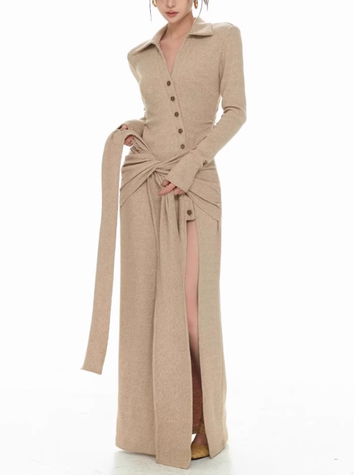 Design beige long-sleeved dress 2025 high slit strap slim hip skirt R1027