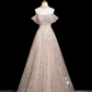 Elegant Champagne Glitter Sequin A-Line Bateau Maxi Wedding Dress RS455