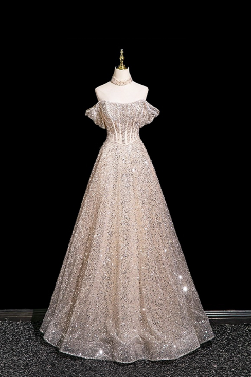 Elegant Champagne Glitter Sequin A-Line Bateau Maxi Wedding Dress RS455