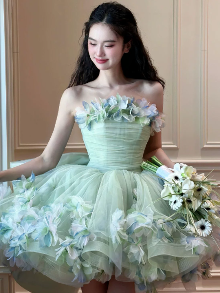 Dreamy Mint Green Tulle Floral Strapless A-Line Short Prom Dress Birthday Dress RS2957