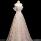 Elegant Champagne Glitter Sequin A-Line Bateau Maxi Wedding Dress RS455