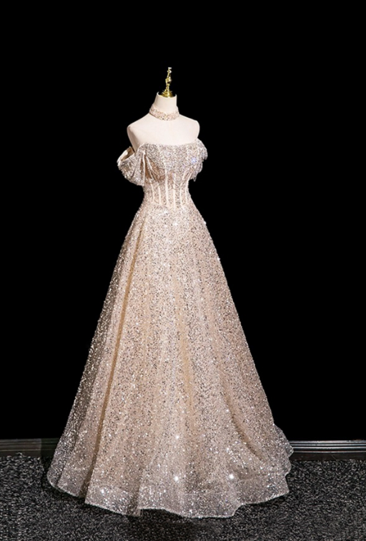 Elegant Champagne Glitter Sequin A-Line Bateau Maxi Wedding Dress RS455