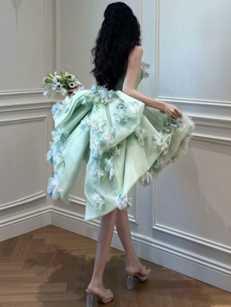 Dreamy Mint Green Tulle Floral Strapless A-Line Short Prom Dress Birthday Dress RS2957