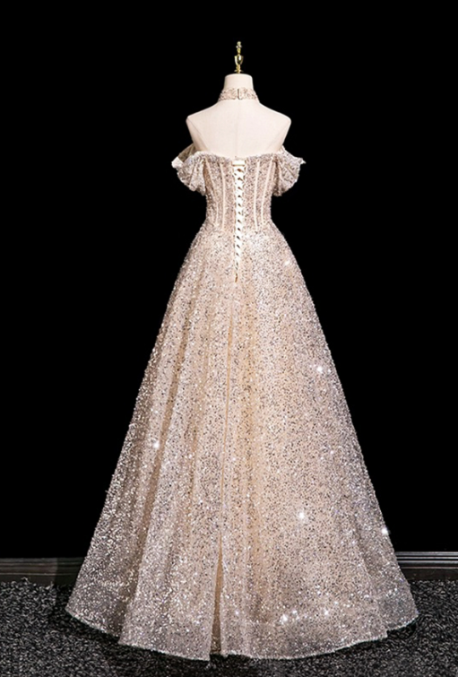 Elegant Champagne Glitter Sequin A-Line Bateau Maxi Wedding Dress RS455