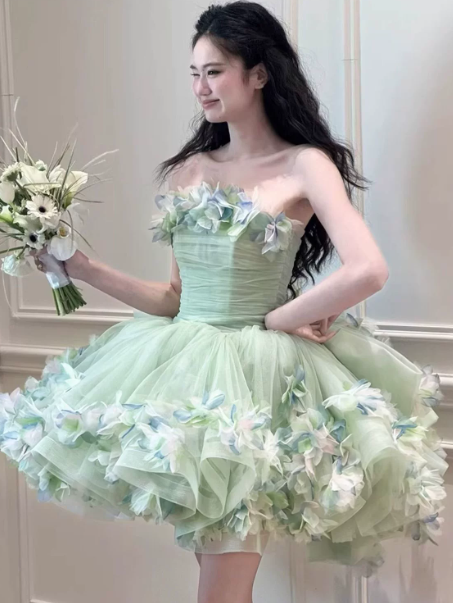 Dreamy Mint Green Tulle Floral Strapless A-Line Short Prom Dress Birthday Dress RS2957