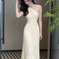 Niche Light Ivory Sheath One-shoulder Stripe Bodycon Maxi Prom Dress Evening Dress RS538