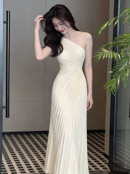 Niche Light Ivory Sheath One-shoulder Stripe Bodycon Maxi Prom Dress Evening Dress RS538