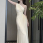 Niche Light Ivory Sheath One-shoulder Stripe Bodycon Maxi Prom Dress Evening Dress RS538