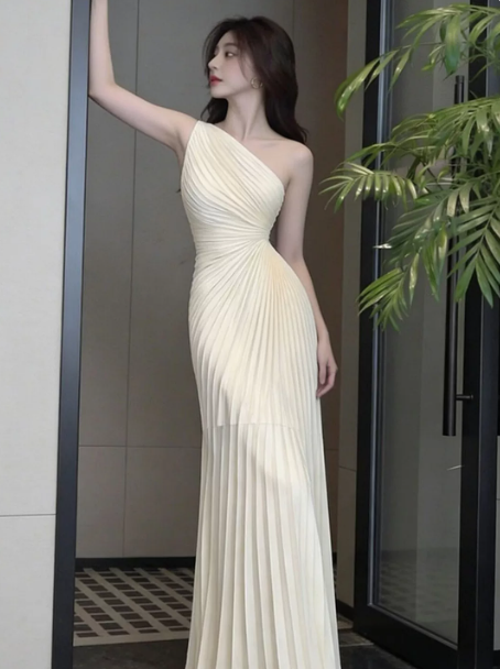 Niche Light Ivory Sheath One-shoulder Stripe Bodycon Maxi Prom Dress Evening Dress RS538