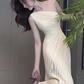 Niche Light Ivory Sheath One-shoulder Stripe Bodycon Maxi Prom Dress Evening Dress RS538