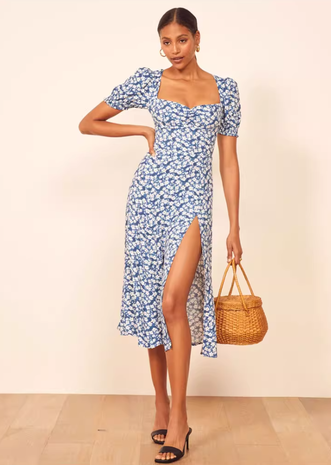 Summer square neck retro floral dress new French slit midi dress R2915