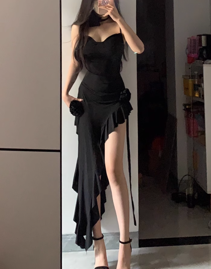 French pure desire ruffled suspender dress plus size sexy hot girl irregular slit hip skirt R1839