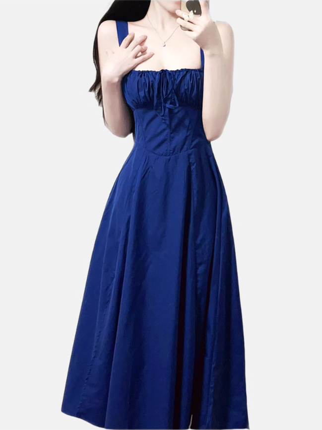 2025 Summer New Blue Slit Sexy Waist Temperament Suspender Dress R0901
