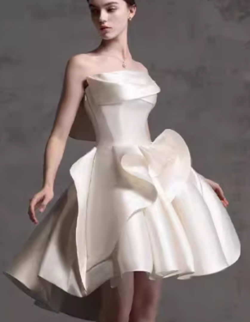 French white tube top satin banquet birthday party host short A skirt prom dress homecoming dress R2970