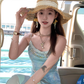 Long gradient print waist suspender dress summer French slim skirt R4946