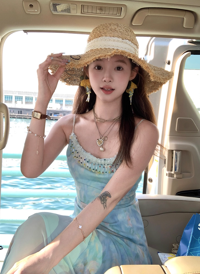 Long gradient print waist suspender dress summer French slim skirt R4946