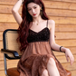 Retro Color-blocking Floral A-Line Spaghetti Straps Corset Maxi Prom Dress Evening Dress RS541