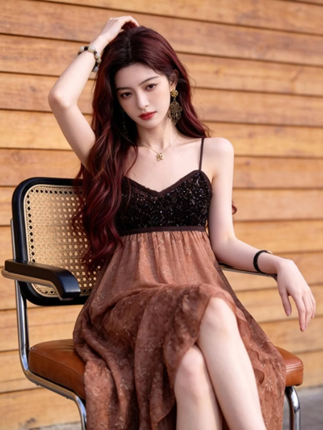 Retro Color-blocking Floral A-Line Spaghetti Straps Corset Maxi Prom Dress Evening Dress RS541