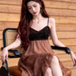 Retro Color-blocking Floral A-Line Spaghetti Straps Corset Maxi Prom Dress Evening Dress RS541