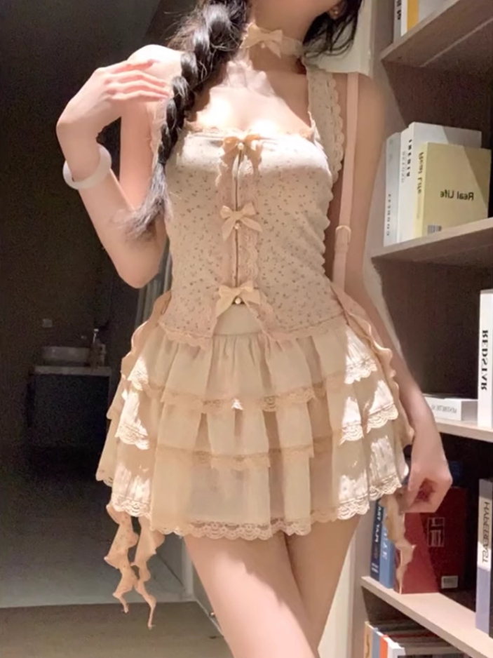 Pure desire style halter neck short top 2025 sweet and spicy style a-line skirt suit R1241