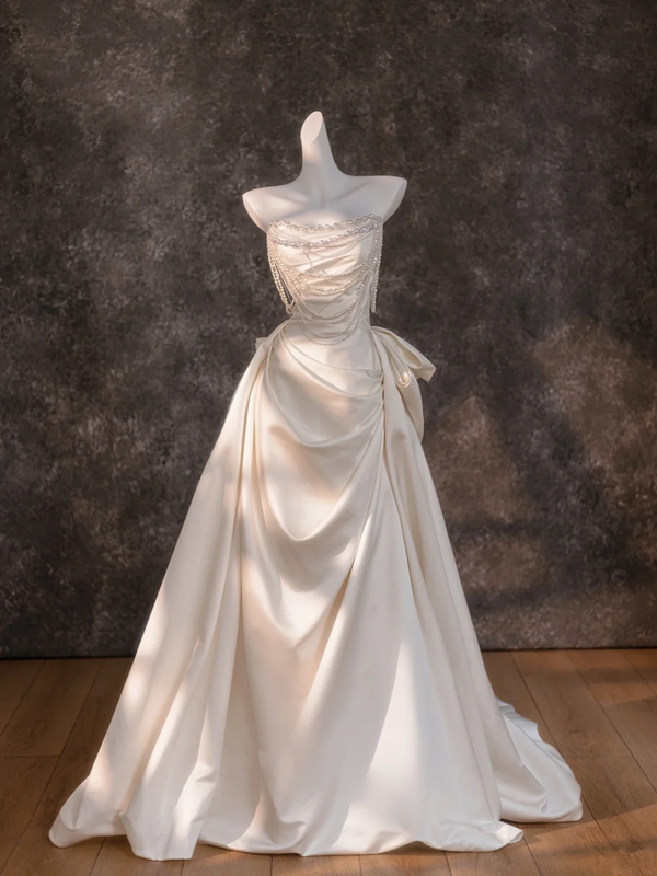 White Strapless Beaded Waist Satin Pleated Maxi Bridal Dress R5741