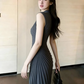 Niche Grey Sheath High Collar Stripe Bodycon Maxi Prom Dress Evening Dress RS542