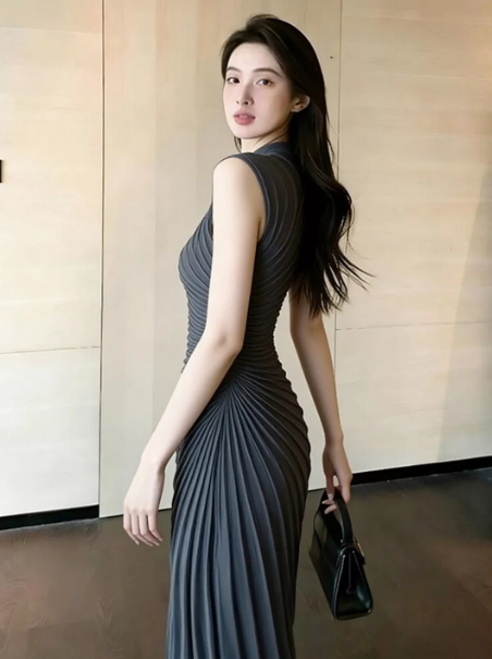 Niche Grey Sheath High Collar Stripe Bodycon Maxi Prom Dress Evening Dress RS542