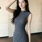 Niche Grey Sheath High Collar Stripe Bodycon Maxi Prom Dress Evening Dress RS542