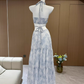 Blue Rose Print Handmade Braided Rope Waist-baring Sexy Temperament Long Dress R1997
