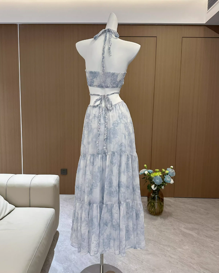 Blue Rose Print Handmade Braided Rope Waist-baring Sexy Temperament Long Dress R1997