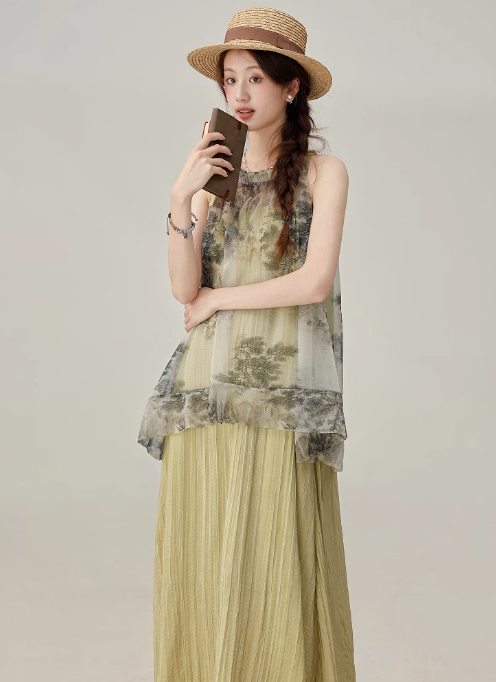 2025 Summer New Chinese Style Sleeveless Dress Retro Printed Long Dress R1917