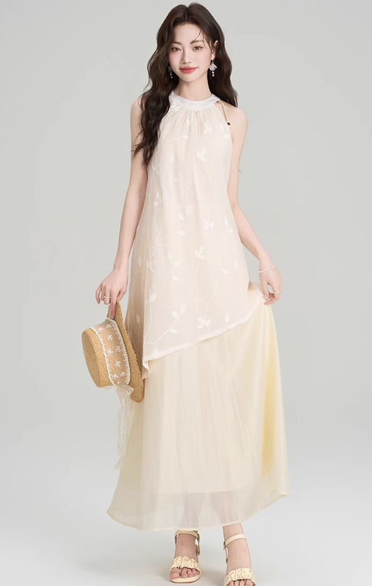 French style beautiful unique sleeveless halter dress holiday style irregular long skirt R2386