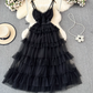 V-neck backless suspender dress waist a-line irregular mesh cake dress holiday long dress R0344