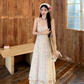 Fairy layered halter neck floral long skirt hollow lace waist temperament suspender dress R1726