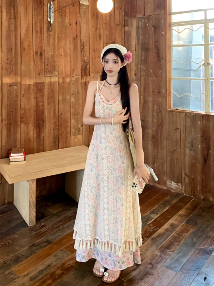 Fairy layered halter neck floral long skirt hollow lace waist temperament suspender dress R1726