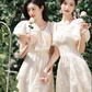 Apricot puff sleeve slim waist elegant ball gown, bridesmaid dress R6005