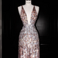 Pink sequined suspenders deep V sexy waist slim long skirt, prom dress R5690
