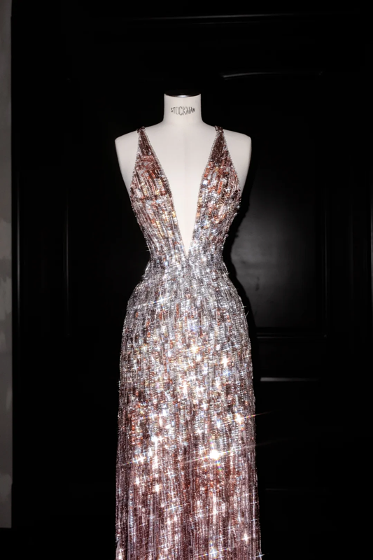 Pink sequined suspenders deep V sexy waist slim long skirt, prom dress R5690