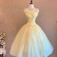 Light Yellow Prom Dress with Spaghetti Straps, Fitted Waist and Puffy Skirt; Bridal Gown R7318