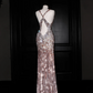 Pink sequined suspenders deep V sexy waist slim long skirt, prom dress R5690